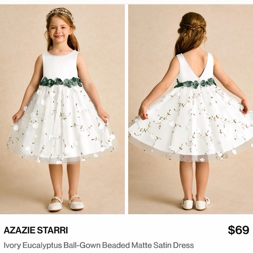 Azazie Flower Girl Starri Ivory Eucalyptus Ball-Gown Dress Size 2T